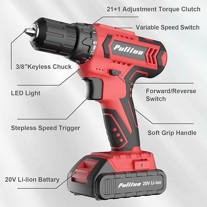 PULITUO Cordless Drill Set, 20V Electric Power Drill with Battery And Charger, 30N.m and 21+1 Torque, 2 Variable Speeds, with 59pcs Drill Driver Bits Kit, Screws Set竊?Red)