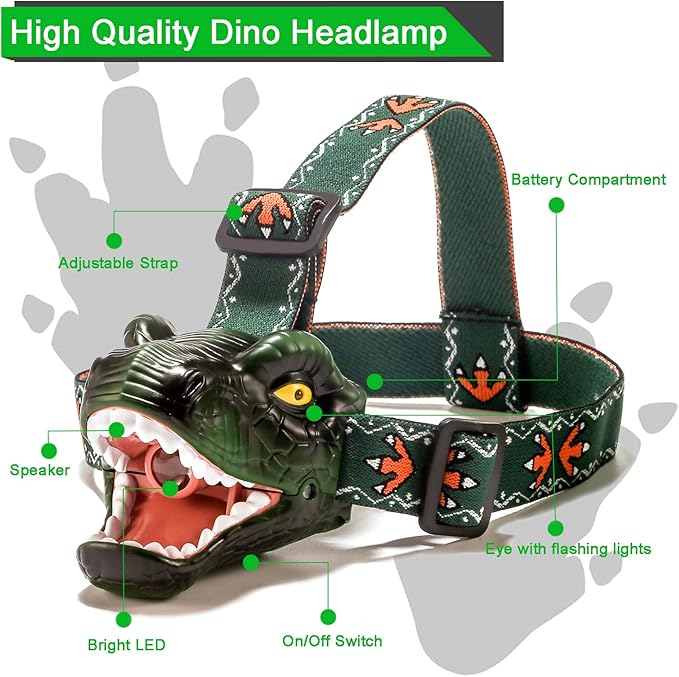 Dinosaur Kids Headlamp, T-Rex Dinosaur Led Headlamp Flashlight, Dinosaur Toy Headlamp Flashlight with 4 Lighting Mode for Boys, Girls??Camping, Hiking, Reading and Party (Green)