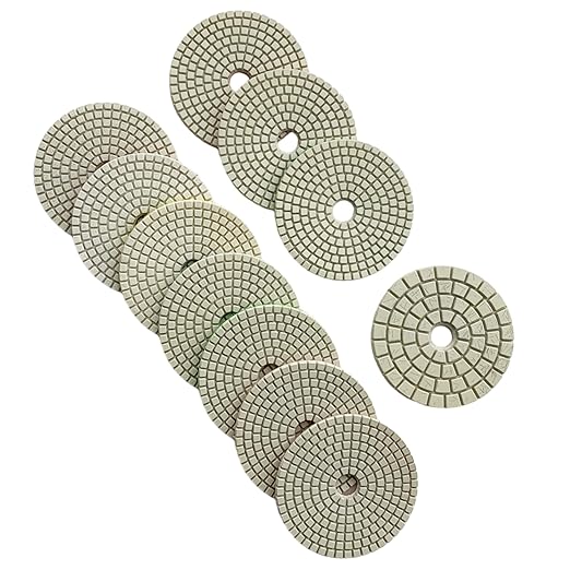 4" Wet Stone Polishing Pads Set (2x50, 2x100, 2x200, 400, 800, 1500, 3000 Grit, Buffer) - White Resin for Granite, Marble, Quartz, Engineered Stone