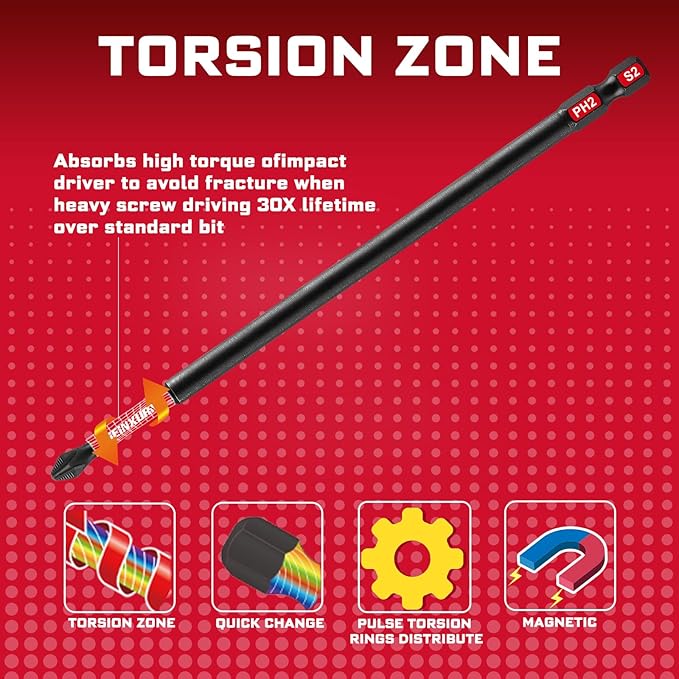 Impact Tough #2 Phillips 6 in. Anti-slip Head Insert Driver Bits,5Pack 1/4 Inch Hex Shank Long Cross Magnetic PH2 Screwdriver Bits Set