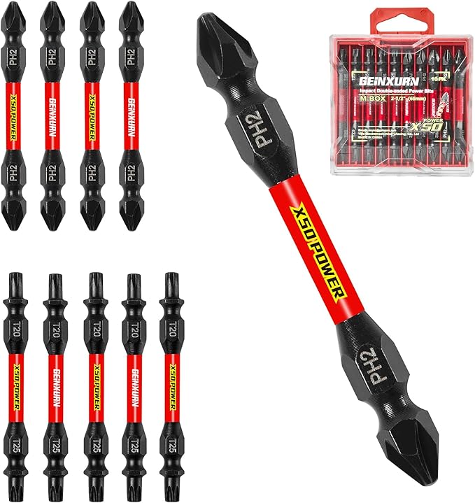 10Pcs Impact Double End Screwdriver Bit Set, 2.56 in. Mixed Reversible Power Driver Bits, Magnetic S2 Steel Two Sides PH2/T20/T25 Screwdriver Bit Tips Set with Storage M-Box