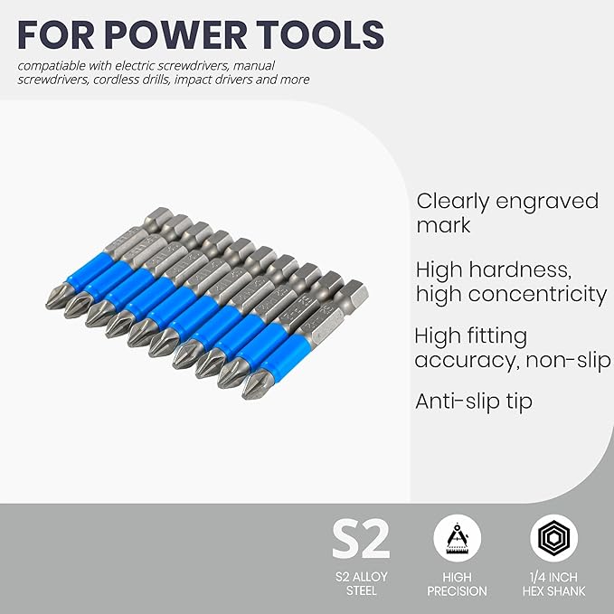 Anti Slip Phillips Cross Slot PH2#2 Short Screwdriver Bit Set 10PCS 1/4 Inch Hex Shank 2 Inch/50 mm Length S2 Steel with Magnetic Tip for Power Screwdriver Drill Impact Driver Tool Accessory