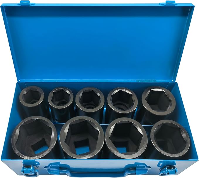1 Inch Drive Deep Impact Socket Set, 9 Pieces Jumbo Impact Socket Sets, SAE 1" to 2", Chrome Steel, 6-Point Design, Metal Case