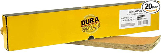 Dura-Gold Premium 220 Grit Gold Pre-Cut PSA Longboard Sandpaper Sheets, Box of 20, 2-3/4" x 16-1/2" Self-Adhesive Stickyback Sandpaper for Automotive, Woodworking Air File Sander, Hand Sanding Block
