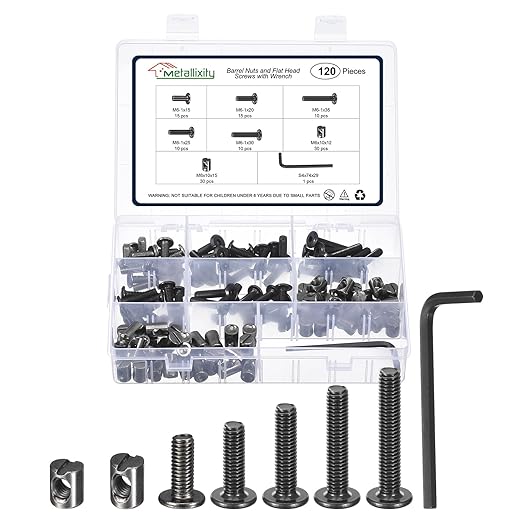 METALLIXITY Furniture Crib Screws Replacement Set with Wrench(M6-1x15/20/25/30/35mm) 120Pcs, Connector Bolt M6 Screw Barrel Nuts Binding Screws, for Chair Cabinet Bed, Black