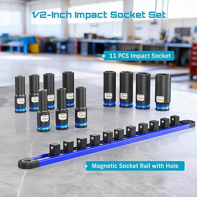 SEESII CR-MO 1/2" Drive Impact Socket Set with Magnetic Organizer, 11pc Deep Metric (10-24mm), 6-Point for Impact Wrench & Ratchet, Professional for Lug Nut, Wheel & Suspension Repair