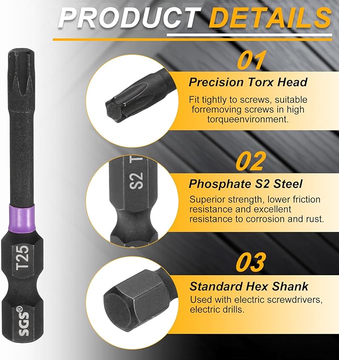 HARFINGTON 5pcs T25 Torx Head Impact Screwdriver Bits 1/4" Hex Shank 2" (50mm) Long Magnetic No Hole Tamper Proof 6 Point Star Screw Driver Drill Bits Phosphate S2 Steel Power Tools