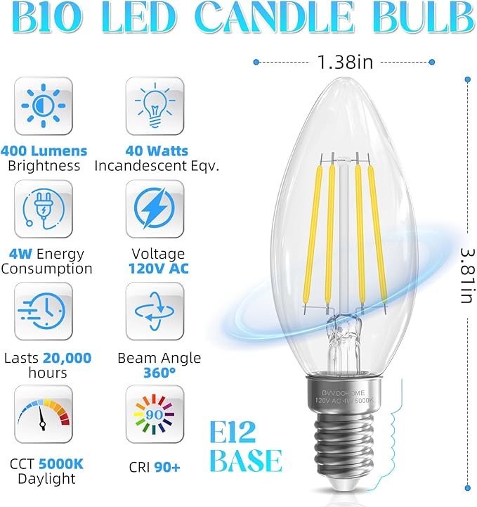 LED Candelabra Light Bulbs 40 watt Equivalent, E12 LED Bulb Non-Dimmable Chandelier Light Bulb, 5000K Daylight B10 LED Candle Bulb, 90+CRI, 400LM, Cear Glass, 6 Pack