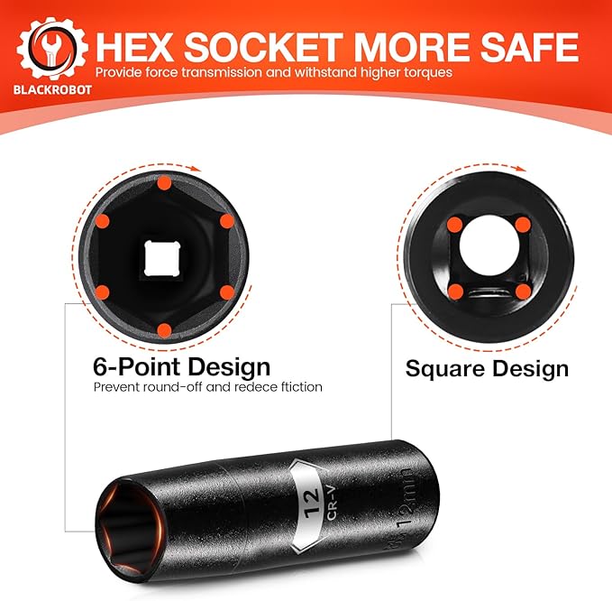 BLACKROBOT 1/2 Inch Drive 6-Point Deep Socket, 12mm Deep Impact Socket, CR-V Steel