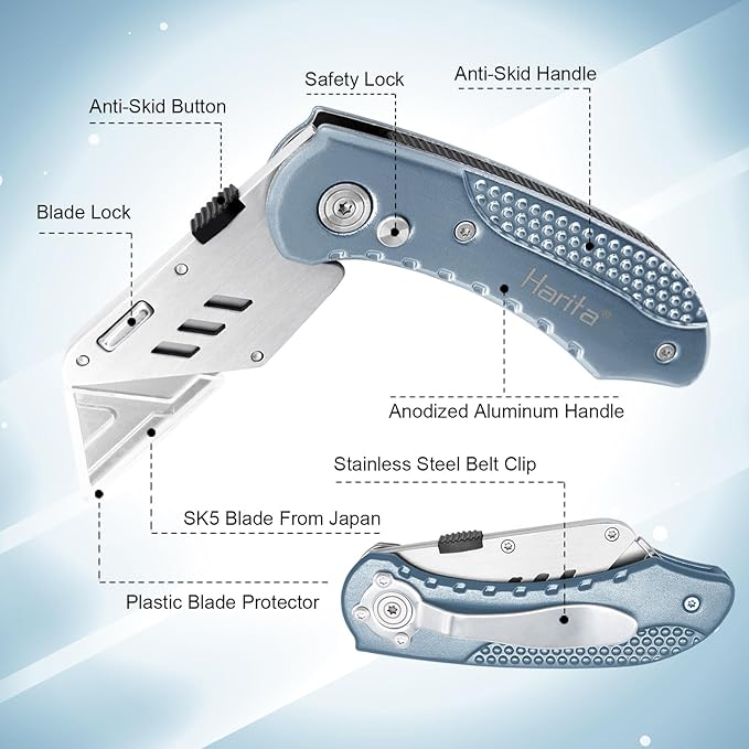 Harita Utility Knife Box Cutter Quick Change Blades, Back-lock Mechanism, Portable Belt Clip, with 5-piece Extra Blades, Grey