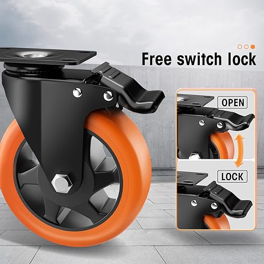 5" Caster Wheels - Orange Polyurethane Swivel Wheels With Top Plate - Set of 4 Heavy Duty Locking Casters for Furniture and Workbench - With Brake
