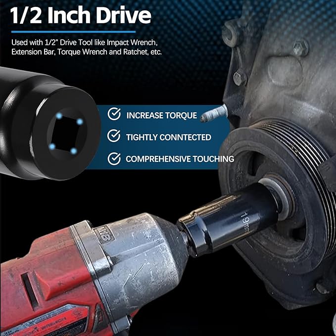Harmonic Balancer Socket Tool 77080 for Honda 19mm Crank Bolt Socket, 3 Times Momentum Power of Standard Impact Sockets, Deep Counter-Weighted Design Increased Torque