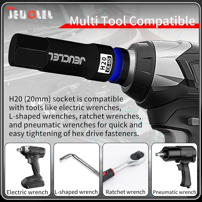 20mm Hex Impact Bit Socket, H20 1/2-Inch Impact Drive Allen Socket, Cr-Mo Steel Lengthen Hex Screwdriver Adapter for Electric Ratchet Wrenches Fastening Screws