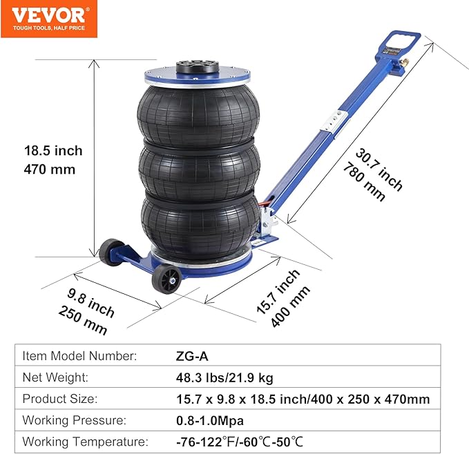 VEVOR Air Jack, 5 Ton/11000 lbs Triple Bag Air Jack, Airbag Jack with Six Steel Pipes, Lift up to 18.5 inch/470 mm, 3-5 s Fast Lifting Pneumatic Jack, with Adjustable Handle for Car, Garage, Repair