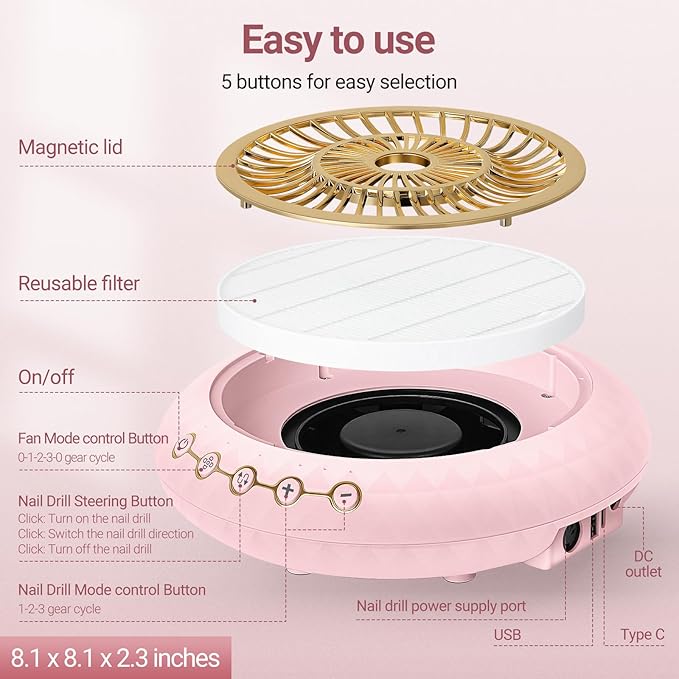 2 in 1 Nail Dust Collector Quiet , 5000RPM Vacuum Fan Extractor with Reusable Filter & 30000RPM Electric Nail Drill File Professional with 6 Bits - Home/Salon Use, Pros Tech & Beginners