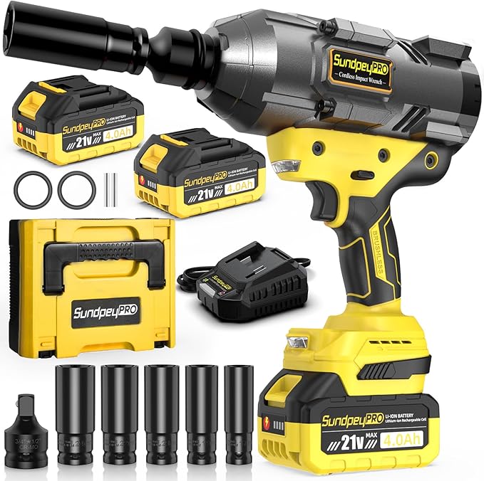 21V Cordless Impact Wrench - 1600Ft-lbs(2100N·m) Heavy Duty High Torque Brushless 3/4 Impact Gun with 2 x 4.0Ah Batteries & Fast Charger 3/4" to 1/2" Adapter & 5 Sockets for Car Industrial