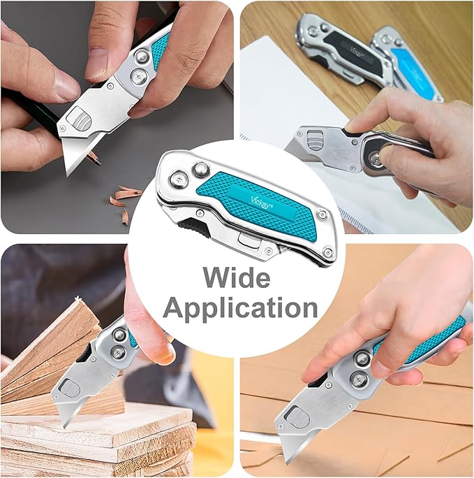 Vickay Box Cutter, Utility Knife with Clip, Stainless Steel Body Handle, Quick-change Blade and Safety Axis Lock, Razor Knife, Cardboard Cutter with Extra 5PC SK5 Blades (Green)