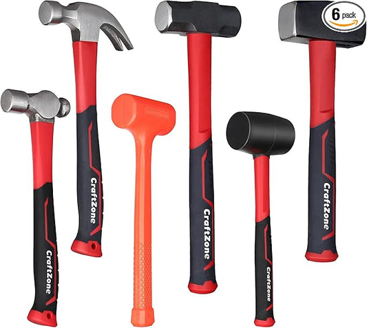 6-Piece Rubber Mallet Hammer Set with 2lb Dead Blow - 3lb Sledge & Stoning - 16oz Ball Peen Claw Hammers | Anti-Vibration Fiberglass Handles for Construction Metalworking Automotive & DIY Projects