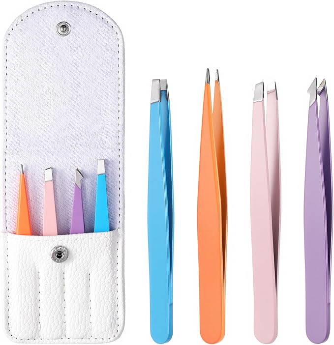 4Pcs Mini Tweezers Set, Micro Tweezers Stainless Steel Precision Eyebrow Tweezer for Facial Hair Removal, Travel Size With Leather Case