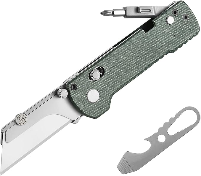 OKNIFE U1 Pro Multitool Folding Utility Knife with Folding Screwdriver, Quick Change Blade, Rail Lock & Pocket Clip for Men Women (Green Micarta)