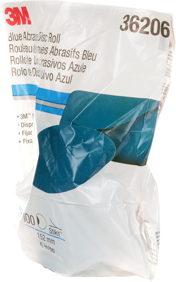 3M Stikit Blue Abrasive Disc Roll, 36206, No Hole, 6 in, 180+ Grade, Pack of 100, Automotive Sanding Discs for Coating Removal, Body Repair, Auto Sanding, Primer Sanding