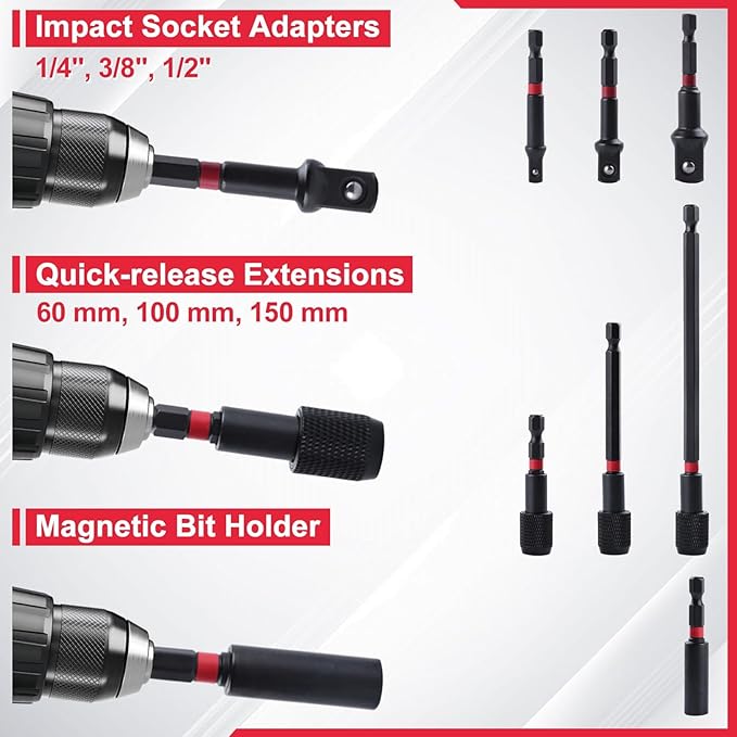 21PCS Magnetic Nut Driver Set for Impact Drill, 1/4" Hex Shank, Metric & SAE Magnetic Impact Drill Driver Bit and Socket Adapter, Magnetic Bit Holder, Quick Release Extension with Storage Bag