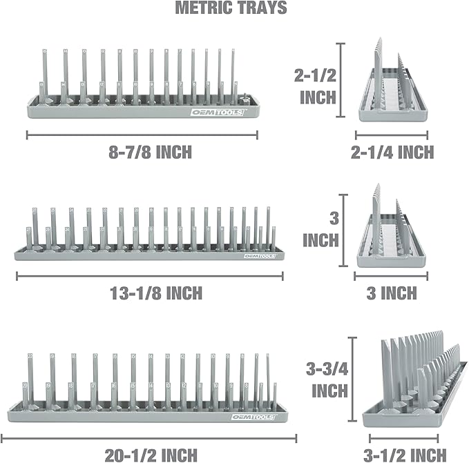 OEMTOOLS 22413 6 Piece SAE and Metric Socket Tray Set, SAE and Metric Socket Storage for Sizes 1/4", 3/8?? and 1/2" Drive, Socket Holders and Socket Organizer Tray for Toolbox, Red/Grey