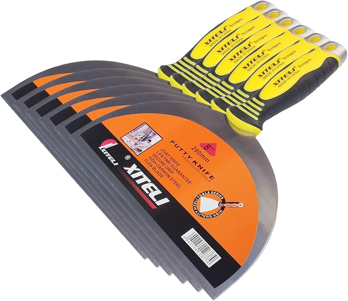 6-Pack Putty Scraper 8" Putty Knives with Plastic Ergonomic Handle for Taping Paint Wall Floor Tile, Metal Spackle Tools Knife,Remover for Wood, Wallpaper Scraper (8")