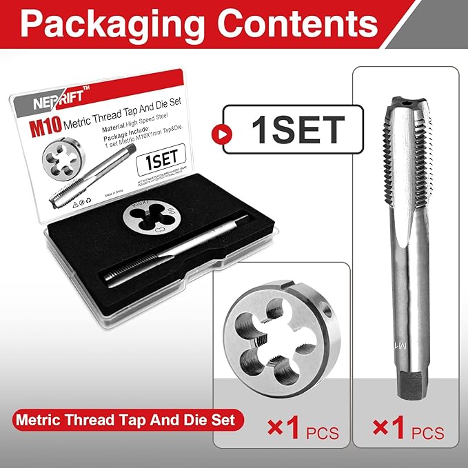 M10 x 1.0 Tap and Die Set, Metric Right Hand M10 x 1.0mm High-Speed Steel 6542 Right Hand Threading Tools, for General Metalworking and Maintenance on Equipment