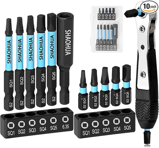 Square Drill Bit with Ratchet Screwdriver, 2.36"&0.98" Magnetic Head Robertson Screwdriver #1,2,3,4 and #5, 1/4" Hex Shank with Extension Bit Holder, for Vehicles, Bicycles, Furniture