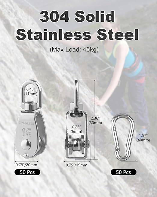Rocaris 25 Pack M15 Lifting Single Pulley Block 304 Stainless Steel Crane Swivel Hook Double Pulley Roller Loading