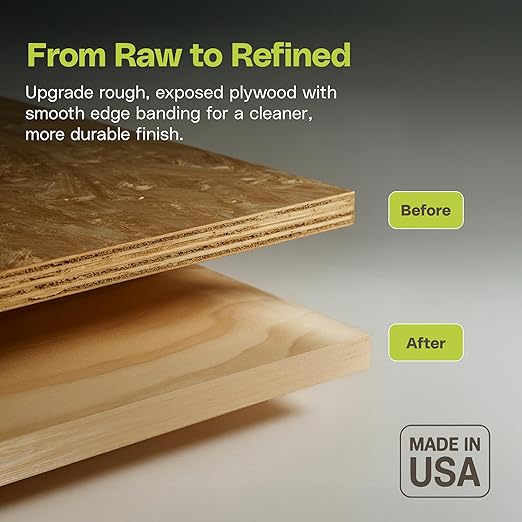 Edge Supply Birch Pre-Finished 5/8 in x 250 ft Roll with a Clear Lacquer UV Finish ??Pre-Glued Iron On Real Wood Veneer Edging ??Edge Banding Tape with Hot Melt Adhesive, Ideal for Furniture & DIY.