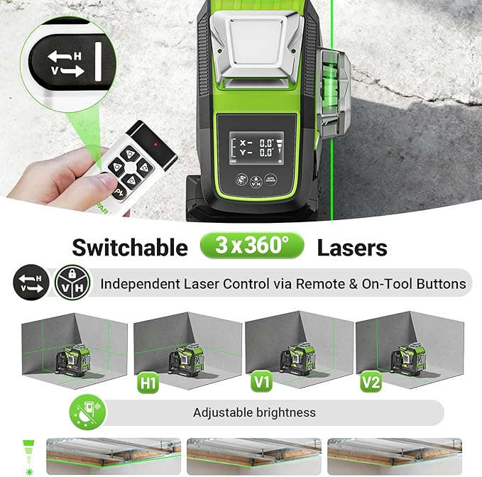 Huepar 360 Laser Level with Electric Pivot Around Point Fine Adjustment and Angle Display Screen, Rechargeable Battery, 1/13-inch High precision Self Leveling Lazer Leveler, Pluse Mode