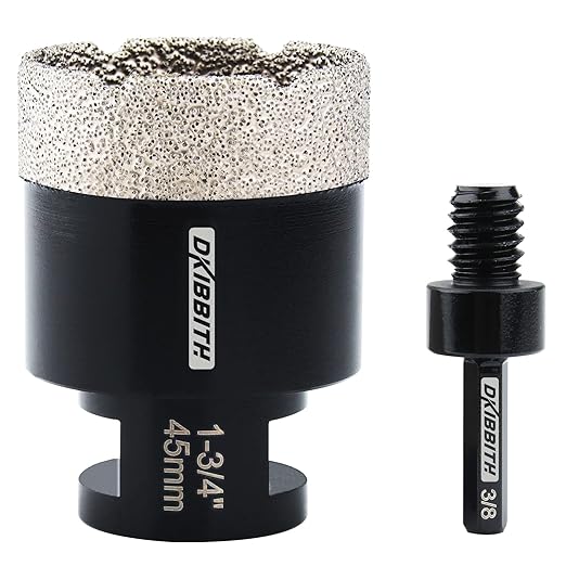 DKIBBITH 1-3/4'' Diamond Hole Saw, Vacuum Brazed Core Bit for Granite Tile Quartzite Marble Concrete Porcelain Ceramic Stones with 5/8-11 Thread Angle Grinders and 3/8??Hex Shank Electric Drills