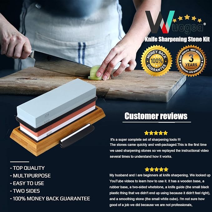 Knife Sharpening Stone Kit ??400/1000 3000/8000 Grit Wet Kitchen Whetstone Knife Sharpener Set with Non-slip Bamboo Rubber Base, Angle Guide, Flattening, Leather Strop and Cut Resistant Gloves
