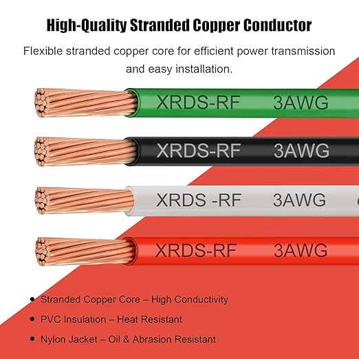 XRDS -RF 3 Gauge THHN Wire, 10FT Red Stranded Copper Electrical Wire, 600V, Heat & Oil Resistant, Nylon Sheath Building Wire for Indoor/Outdoor Use