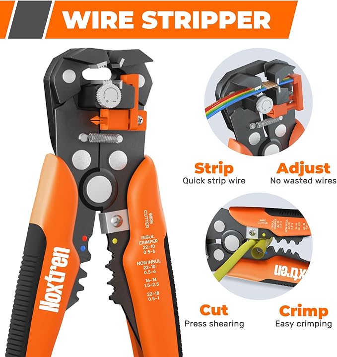 Noxtren Wire Stripper and Crimping Tool, AWG 24-10 Self-Adjusting Stripper Tool with AWG 22-10 Ratcheting Wire Terminal Crimper for Heat Shrink Wire Connectors