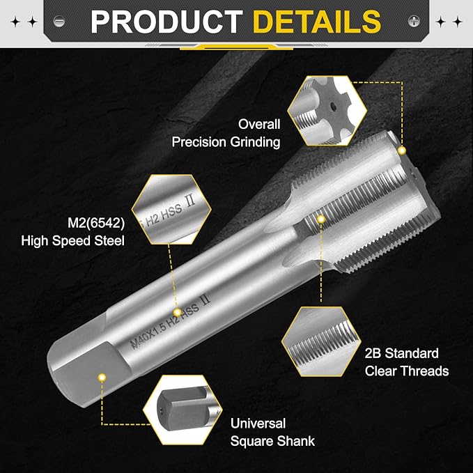 uxcell Hand Plug Tap M40 x 1.5 H2 Metric Thread Plug Style Taps Straight Flute Screw Tapping Threading Tool High Speed Steel HSS6542