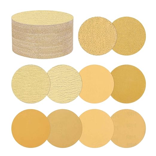 50 Pcs Sanding Discs 2 Inch 40/60/80/120/240/320/400/600/800/1000 Grit Hook and Loop Orbital Sandpaper Suitable for Drywall Sander Wood Metal Furniture, Yellow