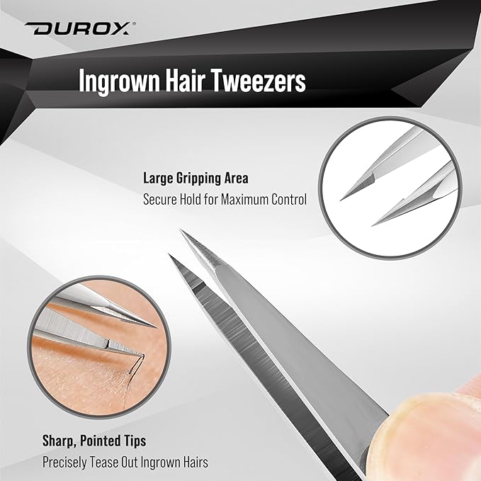 DUROX 3-Piece Tweezer Set — 1.Pointed Ingrown Hair Tweezers, 2.Fine-Tip Splinter Tweezers, 3.Safety Round Tip for Facial & Chin Hair Removal. Made of stainless steel. Protective pouch for safe storage