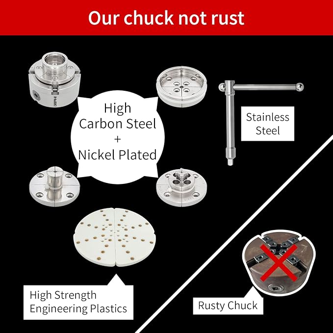 4 Inch Wood Lathe Chuck Set 1" x 8 tpi thread, Nickel Plated Self Centering 4 Jaw Wood Turning Chuck set(5PCS jaws)