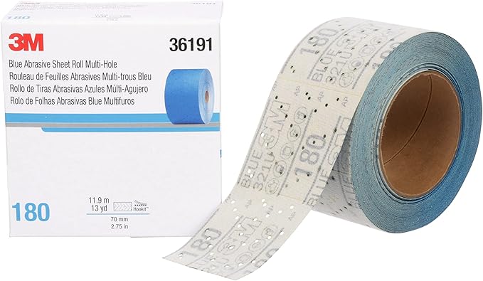 3M Hookit Blue Abrasive Sheet Roll, 36191, Multi-Hole, 2.75 in x 13 yd, 180+ Grade, Automotive Sanding Roll Sandpaper for Coating Removal, Body Repair, Auto Sanding