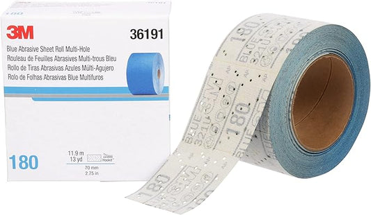 3M Hookit Blue Abrasive Sheet Roll, 36191, Multi-Hole, 2.75 in x 13 yd, 180+ Grade, Automotive Sanding Roll Sandpaper for Coating Removal, Body Repair, Auto Sanding