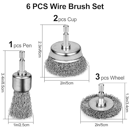 6PCS Professional Wire Wheel Brush Set, Carbon Steel Cup Wire Brush for Drill with 1/4 Inch Hex Shank, Wire Brushes Drill Attachments for Cleaning Rust Removal, Corrosion & Scrub Surfaces, Drill Brush