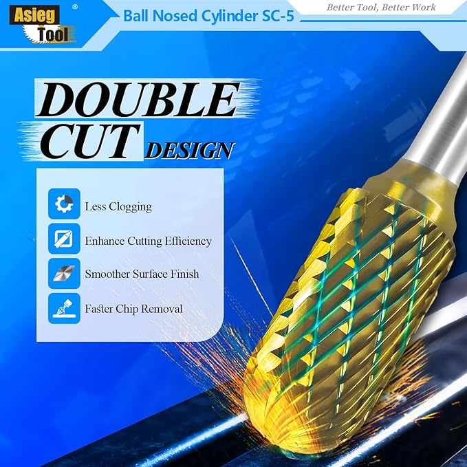 SC-5 5pcs Tungsten Carbide Burr TiN Rotary File Cylindrical Shape with Radius End Double Cut with 1/4''Shank for Die Grinder Drill Bit