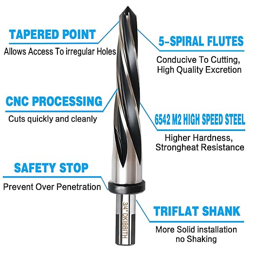 3/4??Bridge Construction Reamer Drill Bit, M2 HSS Taper Chucking Reamer for Steel Alloy Metal Wood Plastic, 1/2" Non-Slip Shank, 5-Spiral Flutes Car Reamer, to Align or Enlarge Holes, 19mm