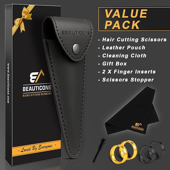 BEAUTICONE 짰 Hair Cutting Scissors - High Carbon SS 6.5" Professional Barber-Grade Salon Shears with Serrated & Razor Edge - Black Premium Gift Box with Leather Pouch & Extra Accs - Ultra Lightweight