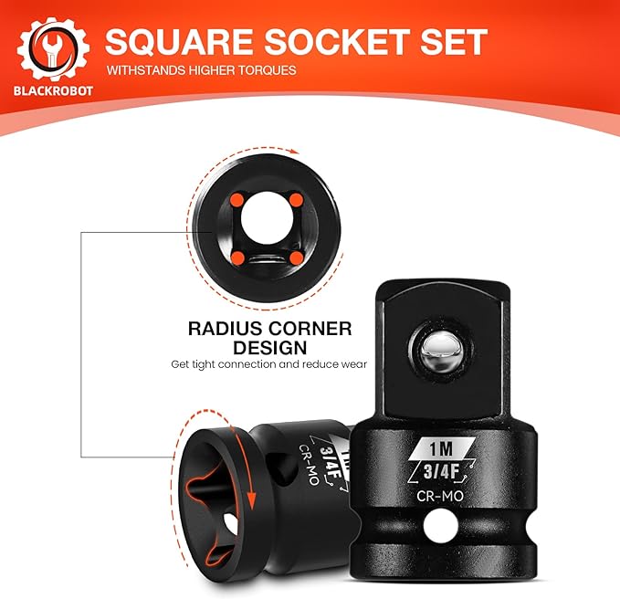 BLACKROBOT 3/4?쒯 To 1?쒶 Impact Socket Adapter, Cr-Mo Steel Exceeds ANSI Standards, Square Drive Reducer for Impact Driver Wrench