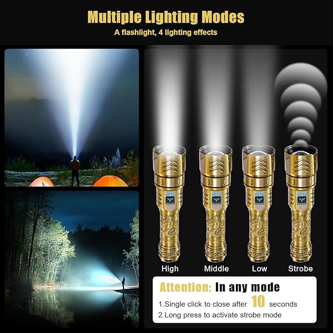 SKYFIRE LED Flashlights High Lumens with Ignition Lens,3000lm Super Bright Rechargeable Flashlight, Zoomable,Four Modes,Waterproof Tactical Flash Light for Camping Essentials,Outdoor and Home,Gift