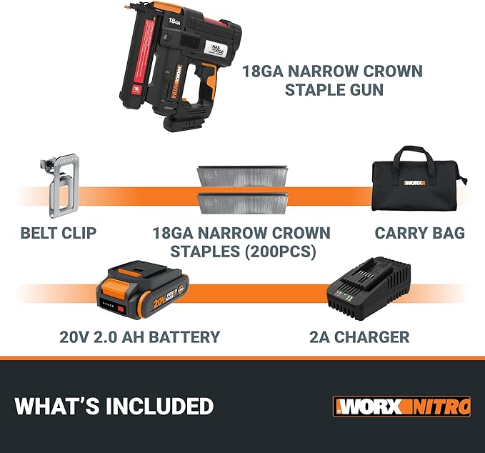 Worx Nitro 20V Cordless 18-Gauge Narrow Crown Stapler, Cordless Staple Gun Fires Up to 80 Staples/Min, Battery Powered Staple Gun with Tool-Free Jam Release WX844L ??Battery & Charger Included